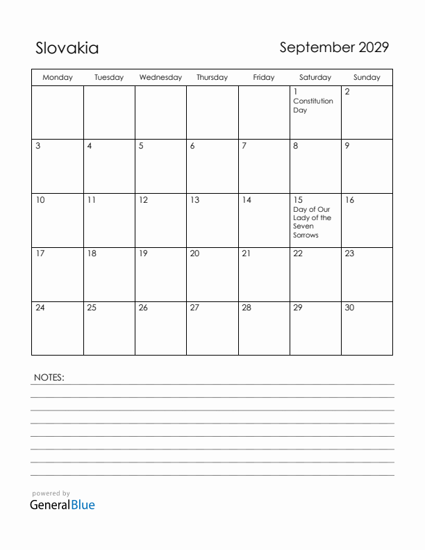 September 2029 Slovakia Calendar with Holidays (Monday Start)