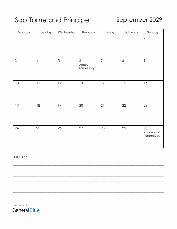 September 2029 Sao Tome and Principe Calendar with Holidays (Monday Start)