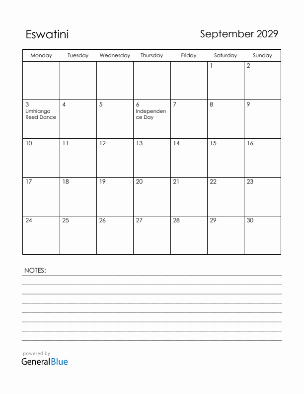 September 2029 Eswatini Calendar with Holidays (Monday Start)
