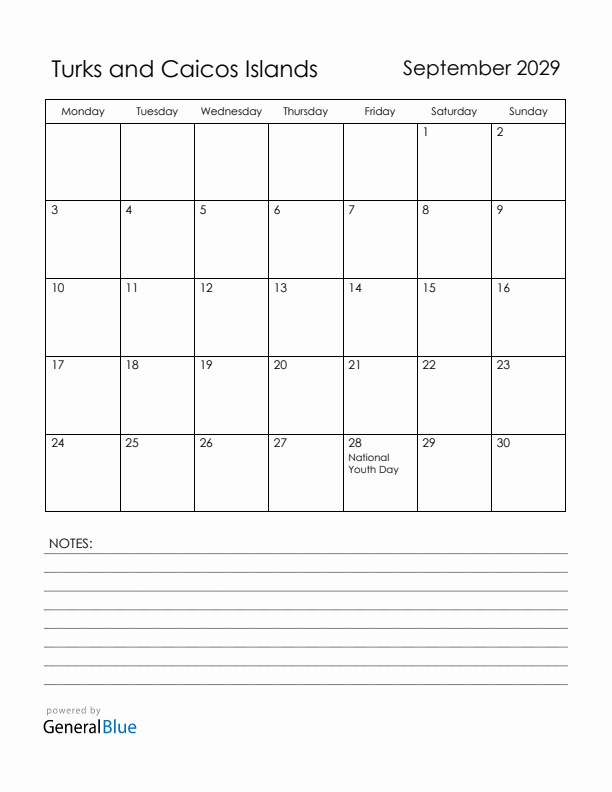 September 2029 Turks and Caicos Islands Calendar with Holidays (Monday Start)