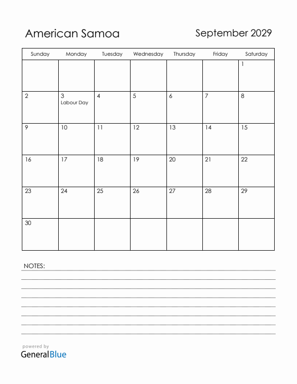 September 2029 American Samoa Calendar with Holidays (Sunday Start)