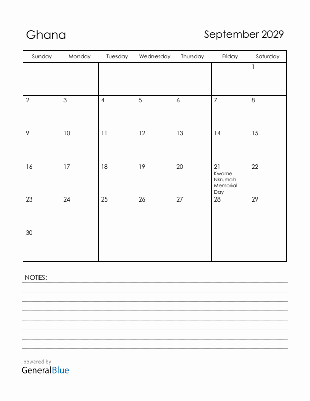 September 2029 Ghana Calendar with Holidays (Sunday Start)