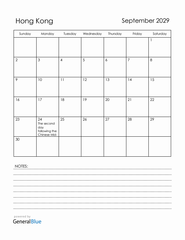 September 2029 Hong Kong Calendar with Holidays (Sunday Start)