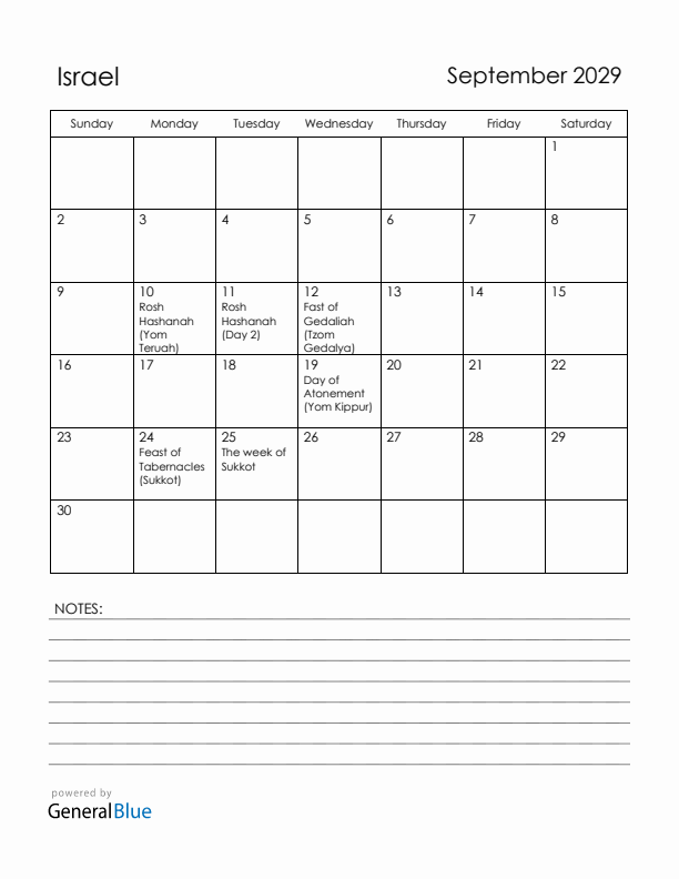 September 2029 Israel Calendar with Holidays (Sunday Start)