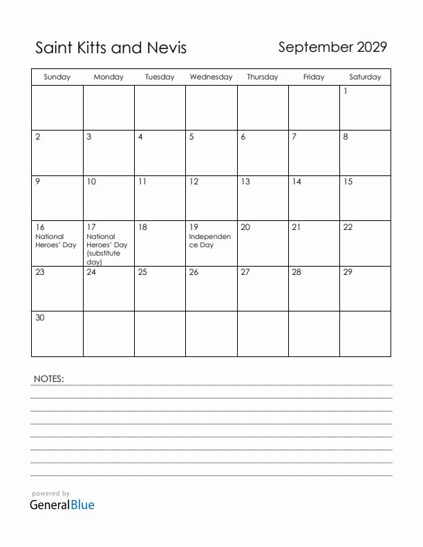 September 2029 Saint Kitts and Nevis Calendar with Holidays (Sunday Start)