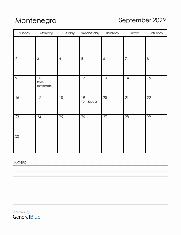 September 2029 Montenegro Calendar with Holidays (Sunday Start)