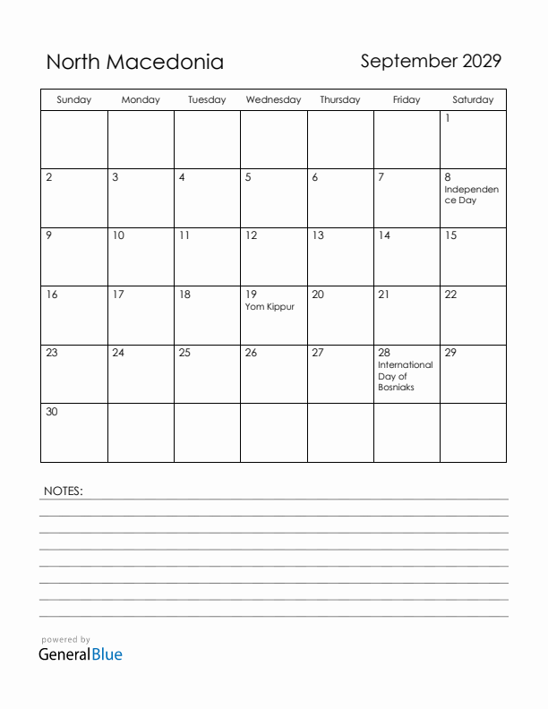 September 2029 North Macedonia Calendar with Holidays (Sunday Start)
