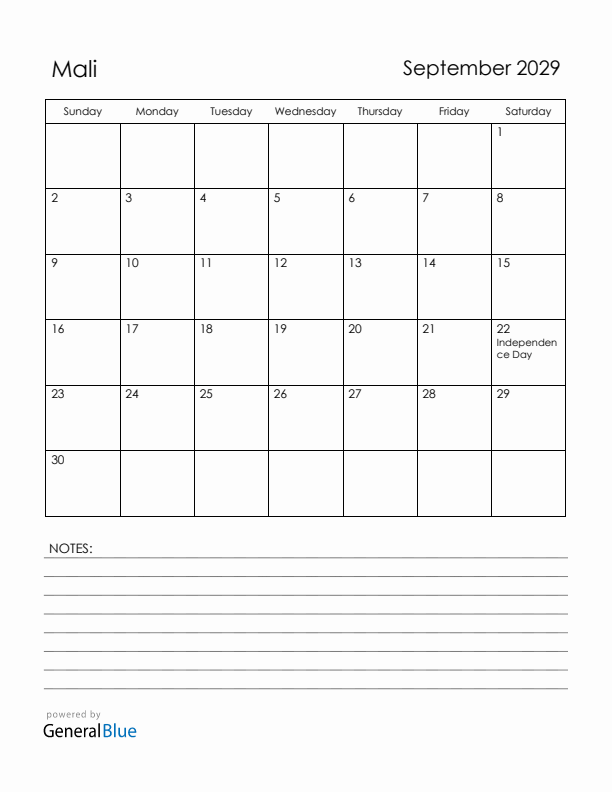 September 2029 Mali Calendar with Holidays (Sunday Start)