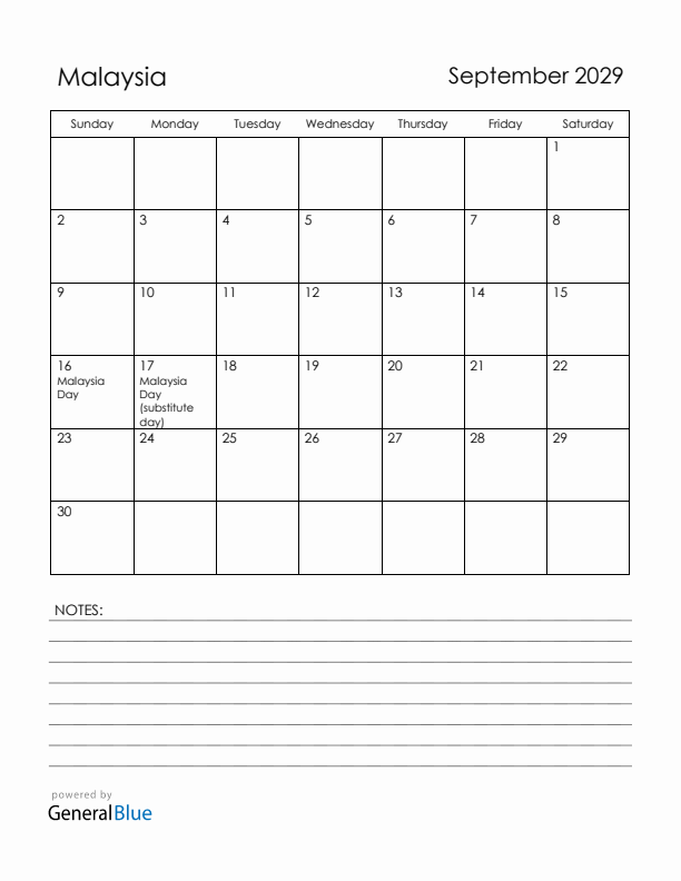 September 2029 Malaysia Calendar with Holidays (Sunday Start)