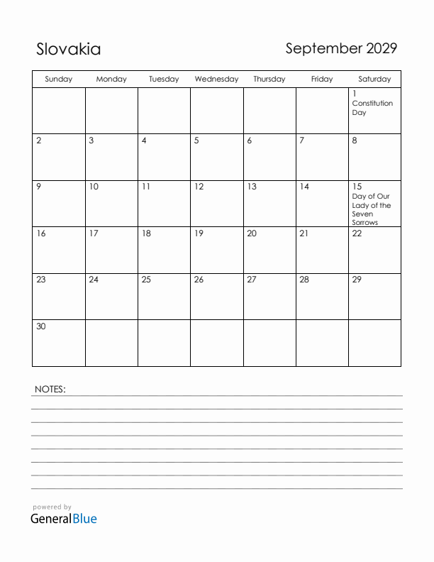 September 2029 Slovakia Calendar with Holidays (Sunday Start)