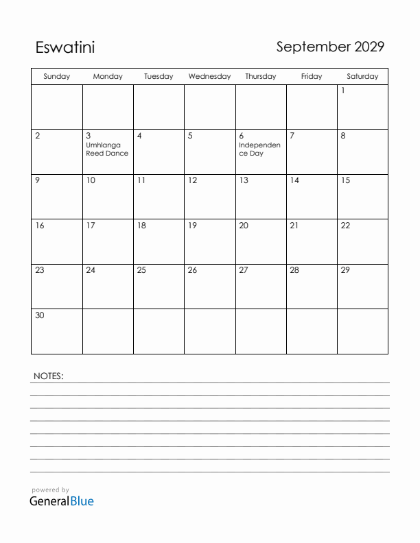 September 2029 Eswatini Calendar with Holidays (Sunday Start)