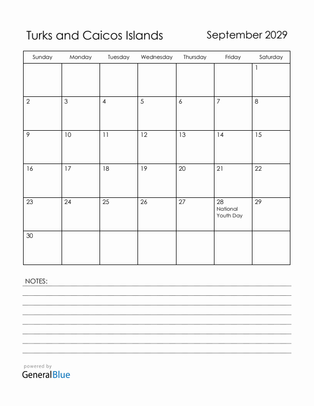September 2029 Turks and Caicos Islands Calendar with Holidays (Sunday Start)