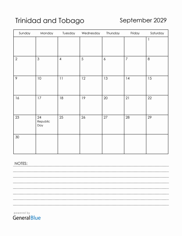 September 2029 Trinidad and Tobago Calendar with Holidays (Sunday Start)