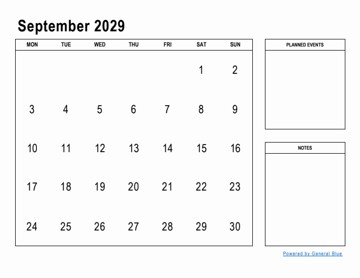 September 2029 Calendar Planner