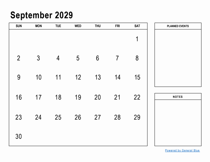 September 2029 Calendar Planner