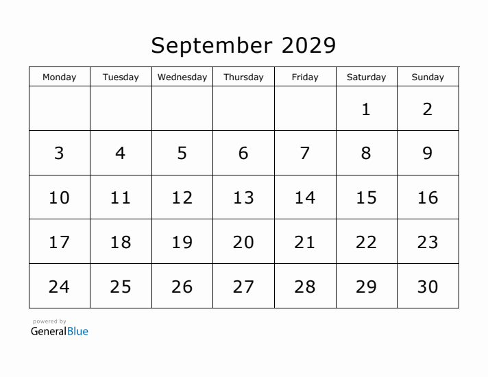 Printable September 2029 Calendar - Monday Start