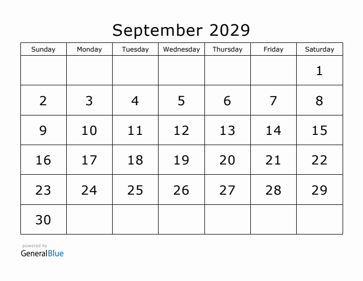 Printable September 2029 Calendar - Sunday Start