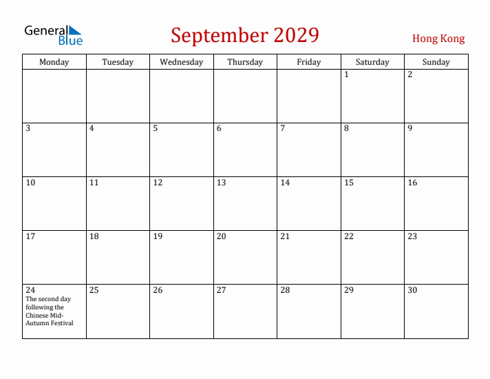 Hong Kong September 2029 Calendar - Monday Start