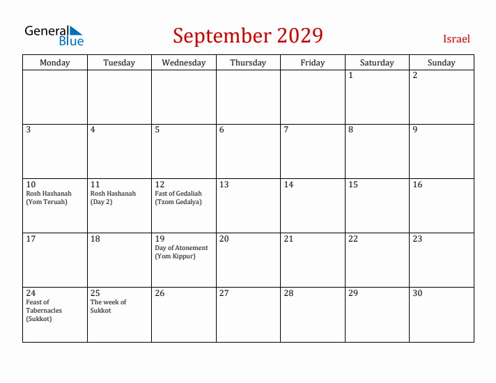 Israel September 2029 Calendar - Monday Start