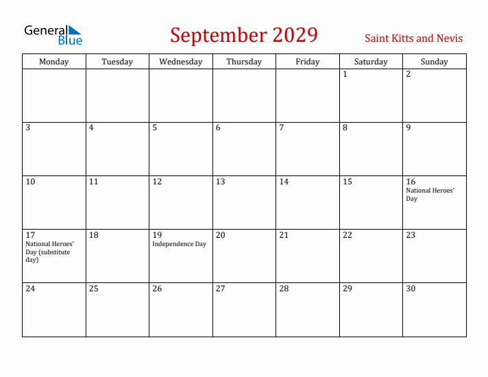 Saint Kitts and Nevis September 2029 Calendar - Monday Start