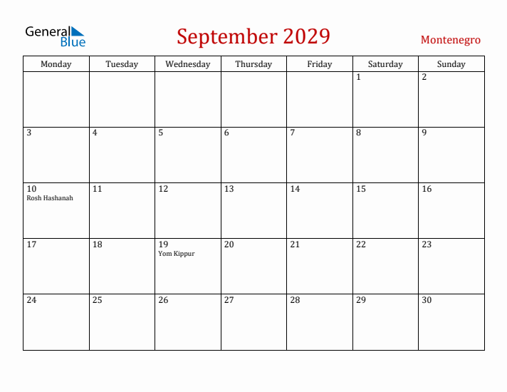 Montenegro September 2029 Calendar - Monday Start