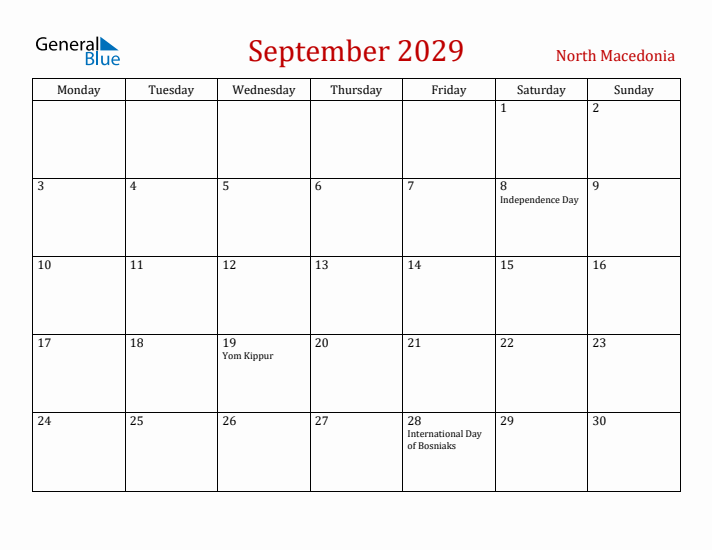 North Macedonia September 2029 Calendar - Monday Start