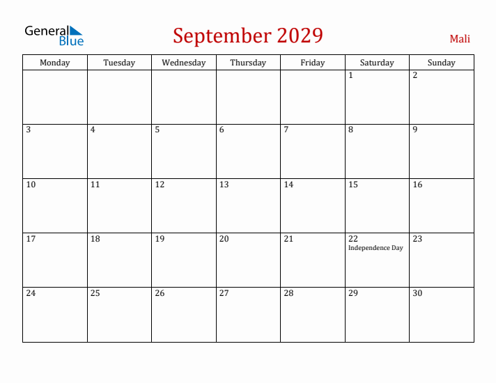Mali September 2029 Calendar - Monday Start