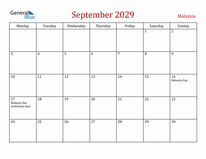 Malaysia September 2029 Calendar - Monday Start