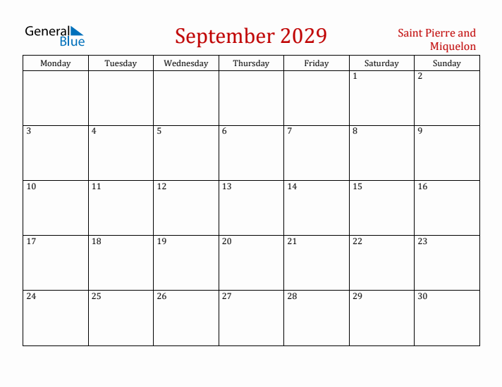 Saint Pierre and Miquelon September 2029 Calendar - Monday Start