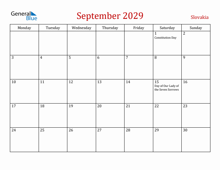 Slovakia September 2029 Calendar - Monday Start