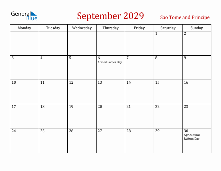 Sao Tome and Principe September 2029 Calendar - Monday Start