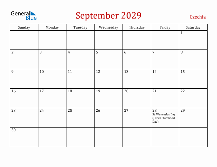 Czechia September 2029 Calendar - Sunday Start
