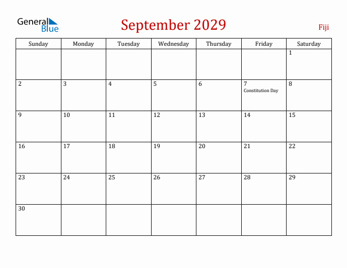 Fiji September 2029 Calendar - Sunday Start