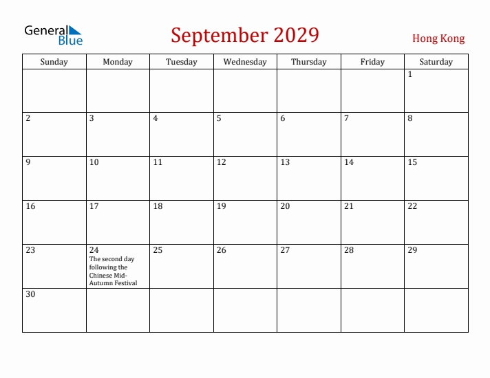 Hong Kong September 2029 Calendar - Sunday Start