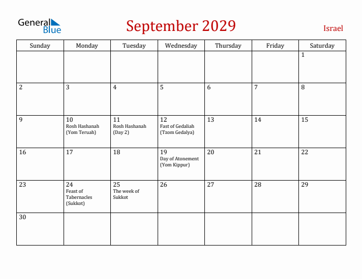 Israel September 2029 Calendar - Sunday Start