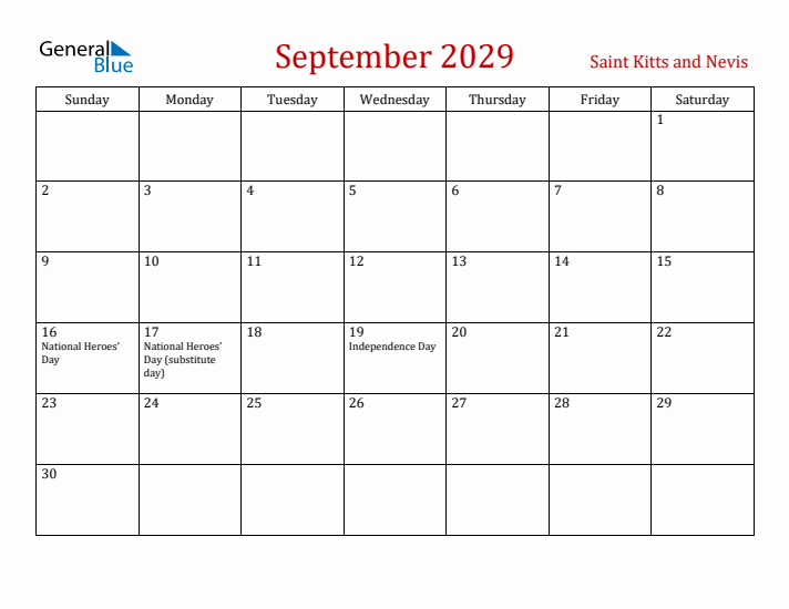 Saint Kitts and Nevis September 2029 Calendar - Sunday Start