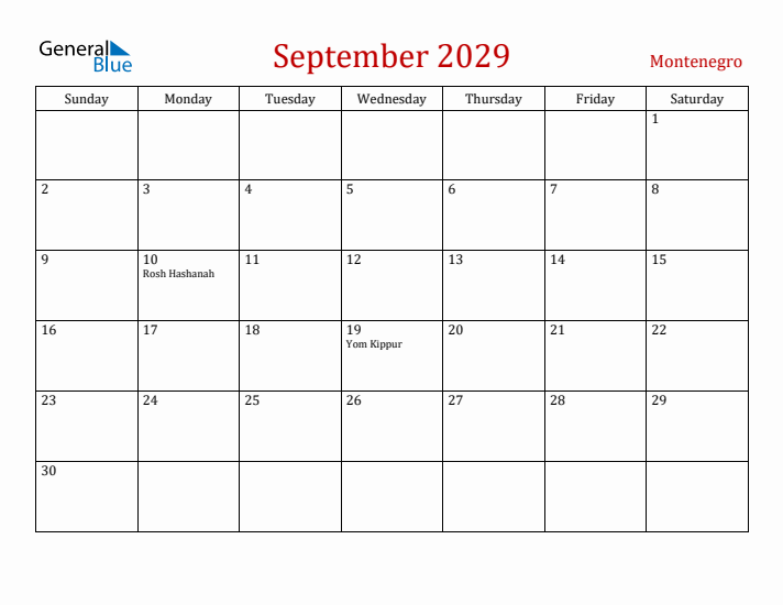 Montenegro September 2029 Calendar - Sunday Start