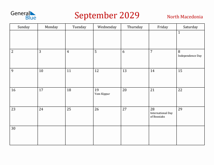 North Macedonia September 2029 Calendar - Sunday Start