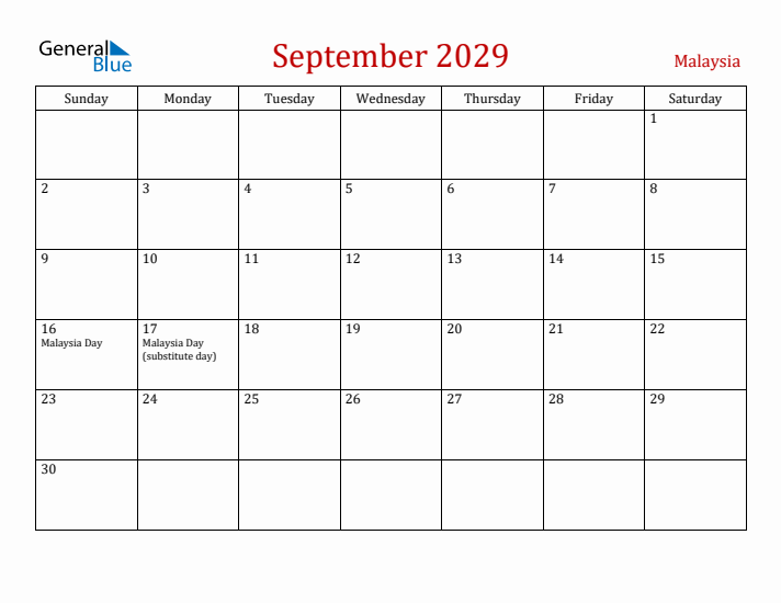 Malaysia September 2029 Calendar - Sunday Start