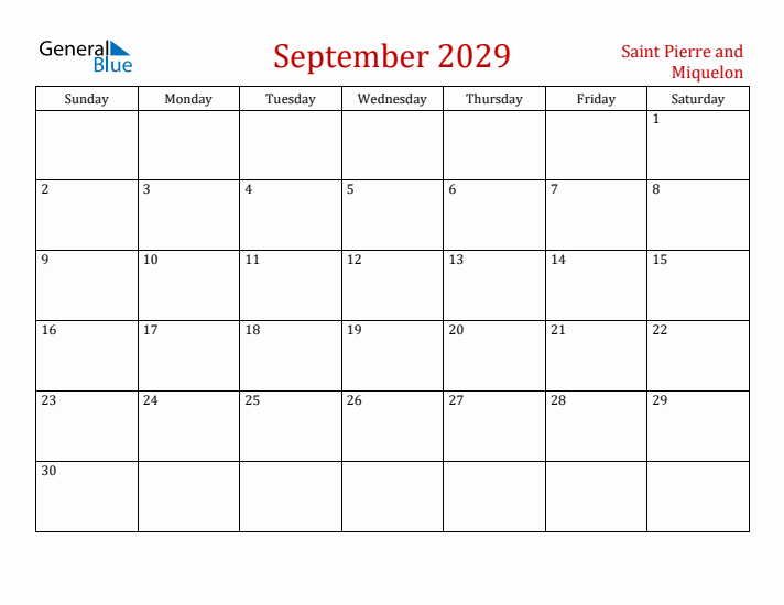 Saint Pierre and Miquelon September 2029 Calendar - Sunday Start