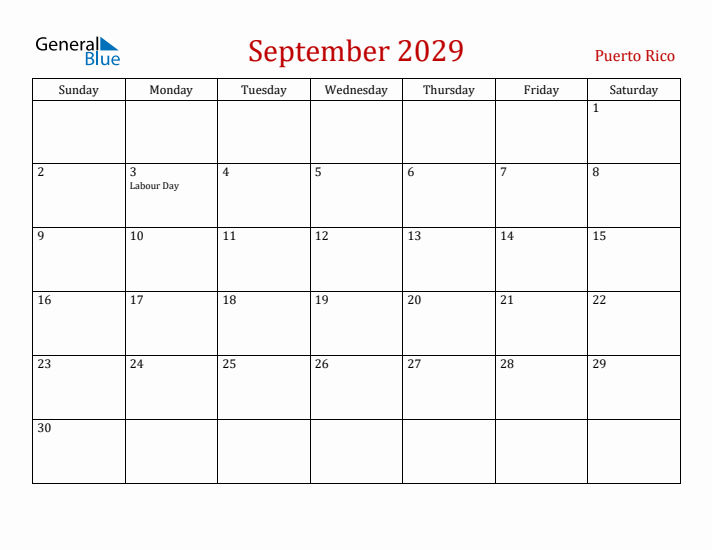 Puerto Rico September 2029 Calendar - Sunday Start