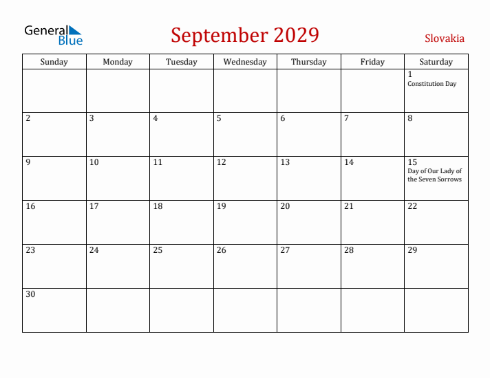 Slovakia September 2029 Calendar - Sunday Start
