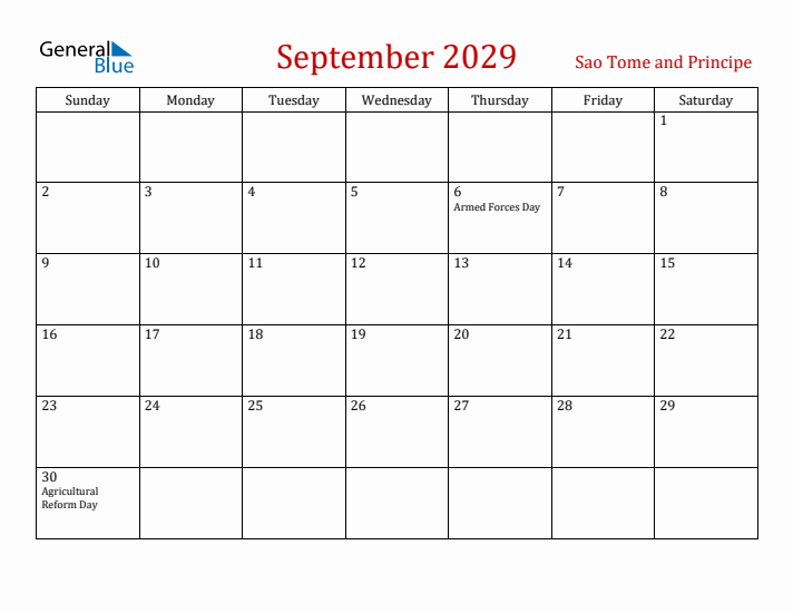 Sao Tome and Principe September 2029 Calendar - Sunday Start