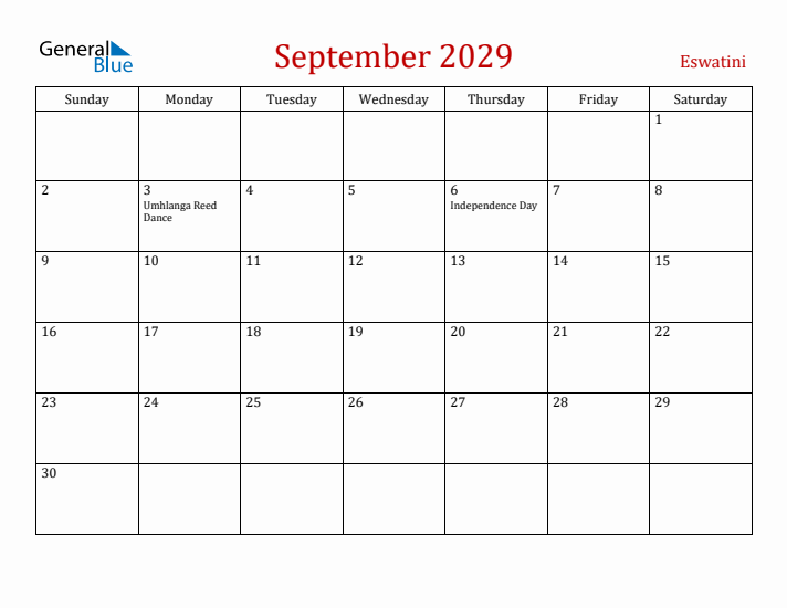 Eswatini September 2029 Calendar - Sunday Start