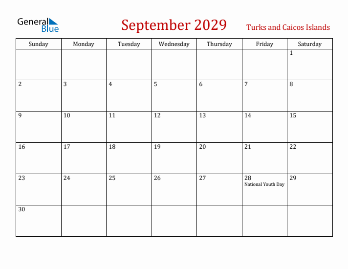 Turks and Caicos Islands September 2029 Calendar - Sunday Start