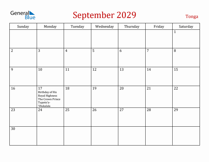 Tonga September 2029 Calendar - Sunday Start