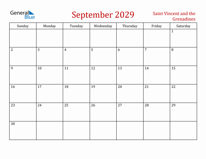 Saint Vincent and the Grenadines September 2029 Calendar - Sunday Start