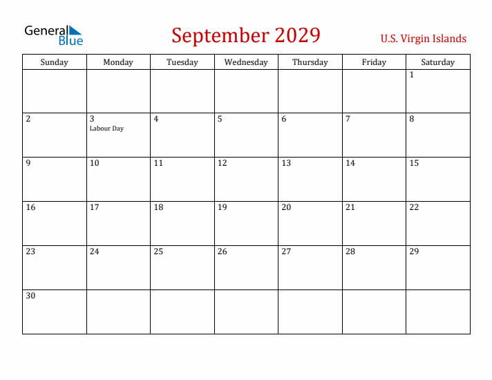 U.S. Virgin Islands September 2029 Calendar - Sunday Start