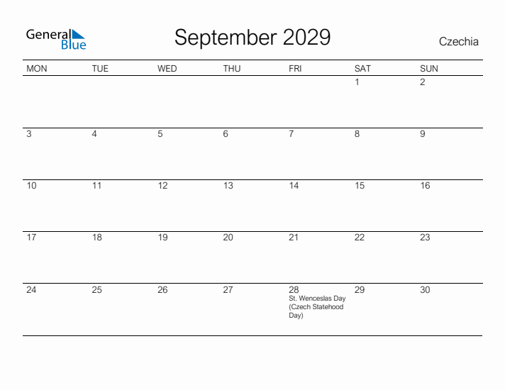 Printable September 2029 Calendar for Czechia