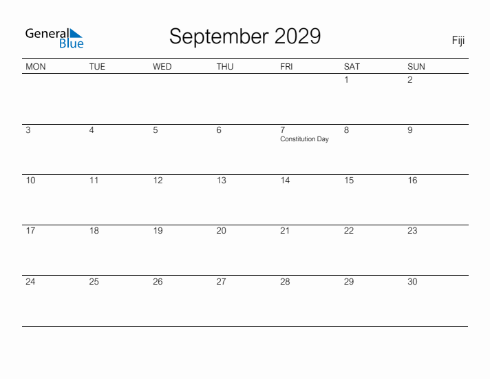 Printable September 2029 Calendar for Fiji